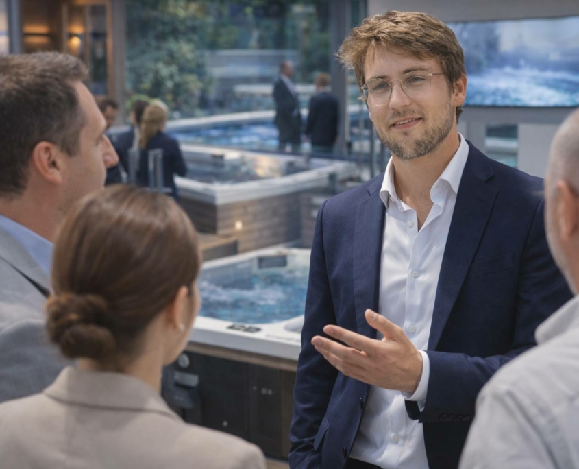 Julian Toutain, dirigeant de Spaconsulting, échange avec des professionnels sur un salon spa & wellness autour d’équipements spa (sans marques).