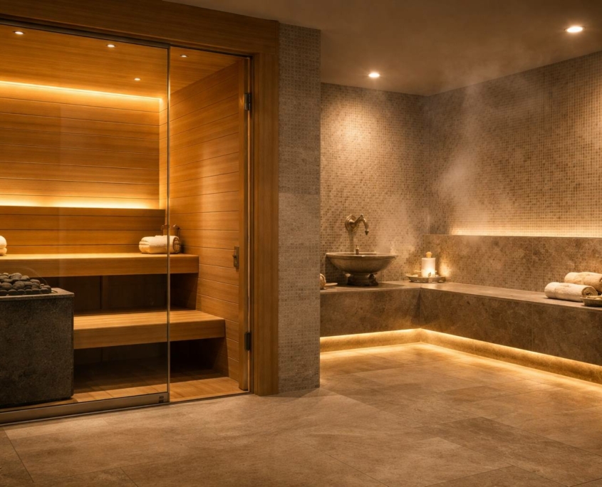 Sauna bois premium et hammam vapeur en pierre/mosaïque, ambiance chaleureuse