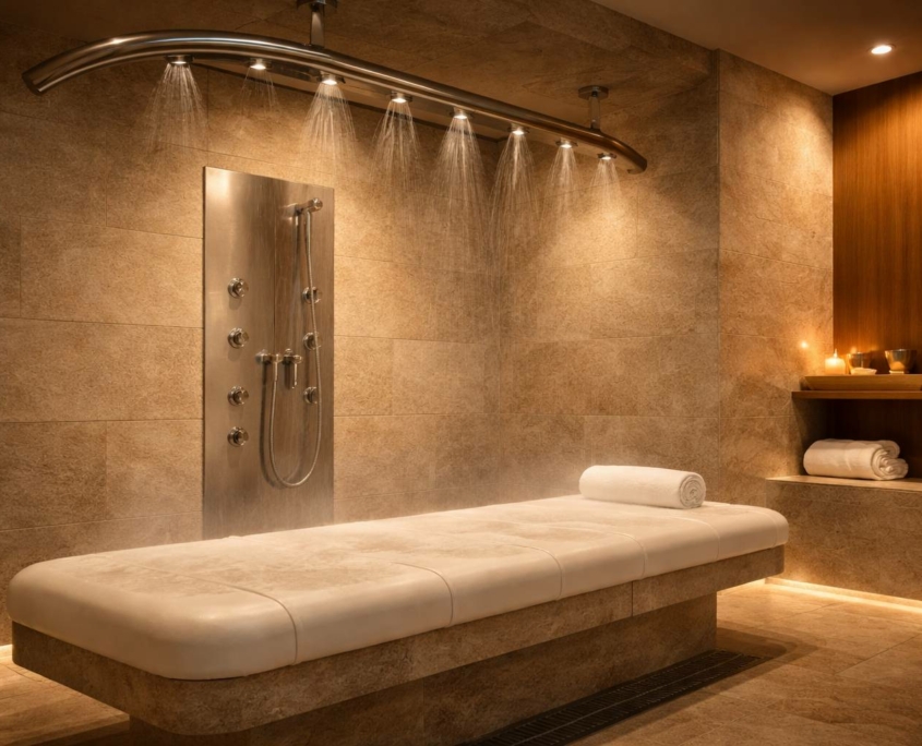 Douche expérience premium (affusion/Vichy ou jets) dans un spa, matériaux pierre/bois, éclairage architectural