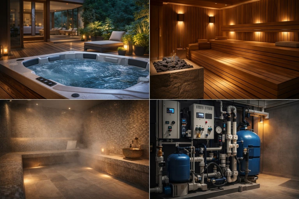 Univers produits & solutions – spa, sauna, hammam, technique Montage premium présentant spa, sauna, hammam et local technique/traitement de l’eau, sans marques ni logos.