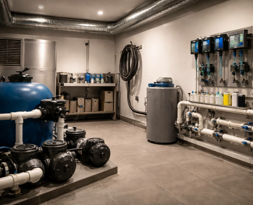 Local technique premium de spa : traitement de l’eau, désinfection et déshumidification, installation neuve